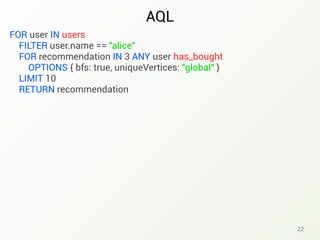 AQL
22
FOR user IN users
FILTER user.name == "alice"
FOR recommendation IN 3 ANY user has_bought
OPTIONS { bfs: true, uniqueVertices: "global" }
LIMIT 10
RETURN recommendation
 