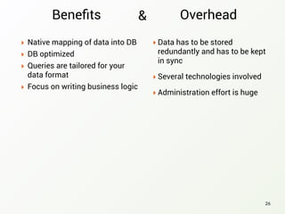 ‣ Native mapping of data into DB
‣ DB optimized
‣ Queries are tailored for your
data format
‣ Focus on writing business logic
26
‣ Data has to be stored
redundantly and has to be kept
in sync
‣ Several technologies involved
‣ Administration effort is huge
Beneﬁts Overhead&
 
