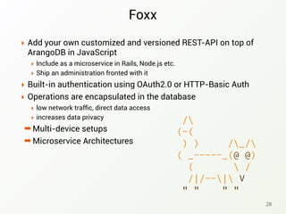 Foxx
‣ Add your own customized and versioned REST-API on top of
ArangoDB in JavaScript
‣ Include as a microservice in Rails, Node.js etc.
‣ Ship an administration fronted with it
‣ Built-in authentication using OAuth2.0 or HTTP-Basic Auth
‣ Operations are encapsulated in the database
‣ low network trafﬁc, direct data access
‣ increases data privacy
➡ Multi-device setups
➡ Microservice Architectures
/
(~(
) ) /_/
( _-----_(@ @)
(  /
/|/--| V
" " " "
28
 