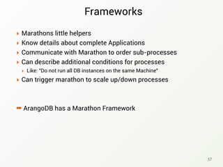 Frameworks
‣ Marathons little helpers
‣ Know details about complete Applications
‣ Communicate with Marathon to order sub-processes
‣ Can describe additional conditions for processes
‣ Like: "Do not run all DB instances on the same Machine"
‣ Can trigger marathon to scale up/down processes
➡ ArangoDB has a Marathon Framework
37
 