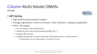 Column Multi-Model DBMSs
Storage
• HPE Vertica
• High-performance analytics engine
• Storage organization: column oriented + SQL interface + analytics capabilities
• 2013 – flex tables
• Do not require schema definitions
• Enable to store semi-structured data (JSON, CSV,…)
• Support SQL queries
• Loaded data stored in internal map (set of key/value pairs) = virtual columns
• Selected keys can be materialized = real table columns
Jiaheng Lu, Irena Holubová: Multi-model Data Management:
What's New and What's Next? EDBT 2017: 602-605
 