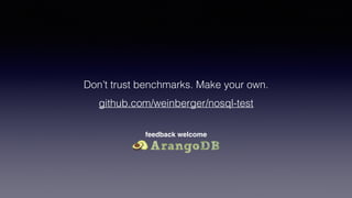 feedback welcome
Don’t trust benchmarks. Make your own.
github.com/weinberger/nosql-test
 