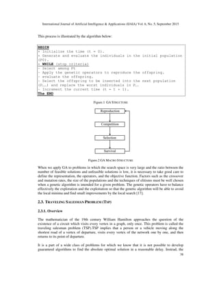International Journal of Artificial Intelligence & Applications (IJAIA) Vol. 6, No. 5, September 2015
38
This process is illustrated by the algorithm below:
BEGIN
+ Initialize the time (t = 0).
+ Generate and evaluate the individuals in the initial population
(P0).
+ WHILE (stop criteria)
- Select among Pt
- Apply the genetic operators to reproduce the offspring.
- evaluate the offspring.
- Select the offspring to be inserted into the next population
(Pt+1) and replace the worst individuals in Pt.
- Increment the current time (t = t + 1).
The END
Figure.1 GA STRUCTURE
Figure.2 GA MACRO STRUCTURE
When we apply GA to problems in which the search space is very large and the ratio between the
number of feasible solutions and unfeasible solutions is low, it is necessary to take good care to
define the representation, the operators, and the objective function. Factors such as the crossover
and mutation rates, the size of the populations and the techniques of elitisms must be well chosen
when a genetic algorithm is intended for a given problem. The genetic operators have to balance
effectively the exploration and the exploitation so that the genetic algorithm will be able to avoid
the local minima and find small improvements by the local search [17].
2.3. TRAVELING SALESMAN PROBLEM (TSP)
2.3.1. Overview
The mathematician of the 19th century William Hamilton approaches the question of the
existence of a circuit which visits every vertex in a graph, only once. This problem is called the
traveling salesman problem (TSP).TSP implies that a person or a vehicle moving along the
shortest road of a vertex of departure, visits every vertex of the network one by one, and then
returns to its point of departure.
It is a part of a wide class of problems for which we know that it is not possible to develop
guaranteed algorithms to find the absolute optimal solution in a reasonable delay. Instead, the
 