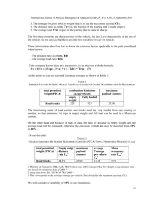 International Journal of Artificial Intelligence & Applications (IJAIA) Vol. 6, No. 5, September 2015
41
3. The tonnage for gross vehicle weight (that is to say the maximum payload CU).
4. The distance ratio as empty Tdv (ie, the fraction of the journey that is made empty).
5. The average load Trm on part of the journey that is made in charge.
The first three elements are characteristics of the vehicle, the last 2 are characteristic of the use of
the vehicle. So we can say that there are only two variables for a given vehicle.
These informations therefore lead to know the emission factors applicable to the path considered
when known:
- The distance ratio as empty, Tdv
- The average load ratio Trm.
If the company knows these two parameters, it can then use with the formula:
Ev = Evv + (Evpc - Evv) * (1 - Tdv) * Trm (7)
At this point we can use national European averages as shown in Table 1:
TABLE 1
EMISSION FACTORS IN EMPTY WEIGHT AND FULLY LOADED OF GOODS TRANSPORTATION IN METROPOLIS
total permitted
weight(PTCA)
combustion Emissions
(g.equ/veh.km)
maximum
payload (tonnes)
empty
weight
Fully loaded
Road trucks 225 323 25.00
The functioning mode of road carriers and trucks used are very similar from one country to
another, so that emissions for trips in empty weight and full load can be used in a Moroccan
context.
On the other hand and because of lack of data, the ratio of distance in empty weight and the
average load will be estimated, otherwise the emissions vehicle-km may be incorrect from 10%
to 20%.
Or use the table:
TABLE 2
CHARACTERISTICS OF GOODS TRANSPORTATION BY PTCA(TOTAL PERMITTED WEIGHT) CLASS
total permitted
weight (PTCA)
Empty weigt
distance
rate Tdv
1
maximum
payload
(tonnes)
average
Tonnage
per vehicle
Tm
2
Mean
occupancy
rate Trm
3
Road trucks 21.1% 25.00 14.31 57%
1 Ministry of Transport, DAEI-SES; TRM Vehicle use, 2001 (transport for hire) Empty weigt distance rate
are based on europeene data of 2001 *
2 using data from file “SITRAM-TRM 2000 “
3 This corresponds to the average tonnage per vehicle (Tm) divided by the maximum payload (CU).
We will consider a variability of 10% in our simulations.
 