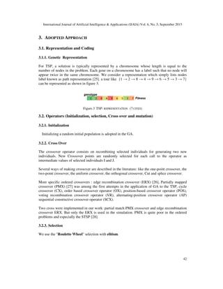 International Journal of Artificial Intelligence & Applications (IJAIA) Vol. 6, No. 5, September 2015
42
3. ADOPTED APPROACH
3.1. Representation and Coding
3.1.1. Genetic Representation
For TSP, a solution is typically represented by a chromosome whose length is equal to the
number of nodes in the problem. Each gene on a chromosome has a label such that no node will
appear twice in the same chromosome. We consider a representation which simply lists nodes
label known as path representation [25]. a tour like {1 → 2 → 8 → 4 → 9 → 6 → 5 → 3 → 7}
can be represented as shown in figure 3.
Figure.3 TSP- REPRESENTATION (7 CITES)
3.2. Operators (Initialization, selection, Cross over and mutation)
3.2.1. Initialization
Initializing a random initial population is adopted in the GA.
3.2.2. Cross Over
The crossover operator consists on recombining selected individuals for generating two new
individuals. New Crossover points are randomly selected for each call to the operator as
intermediate values of selected individuals I and J.
Several ways of making crossover are described in the literature: like the one-point crossover, the
two-point crossover, the uniform crossover, the orthogonal crossover, Cut and splice crossover.
More specific ordered crossovers : edge recombination crossover (ERX) [26], Partially mapped
crossover (PMX) [27] was among the first attempts in the application of GA to the TSP, cycle
crossover (CX), order based crossover operator (OX), position-based crossover operator (POS),
voting recombination crossover operator (VR), alternating-position crossover operator (AP)
sequential constructive crossover operator (SCX).
Two cross were implemented in our work: partial match PMX crossover and edge recombination
crossover ERX. But only the ERX is used in the simulation. PMX is quite poor in the ordered
problems and especially the STSP [28].
3.2.3. Selection
We use the "Roulette Wheel" selection with elitism.
 