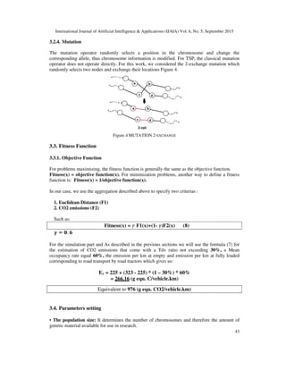 International Journal of Artificial Intelligence & Applications (IJAIA) Vol. 6, No. 5, September 2015
43
3.2.4. Mutation
The mutation operator randomly selects a position in the chromosome and change the
corresponding allele, thus chromosome information is modified. For TSP, the classical mutation
operator does not operate directly. For this work, we considered the 2-exchange mutation which
randomly selects two nodes and exchange their locations Figure 4.
Figure.4 MUTATION 2-EXCHANGE
3.3. Fitness Function
3.3.1. Objective Function
For problems maximizing, the fitness function is generally the same as the objective function.
Fitness(x) = objective function(x). For minimization problems, another way to define a fitness
function is: Fitness(x) = 1/objective function(x).
In our case, we use the aggregation described above to specify two criterias :
1. Euclidean Distance (F1)
2. CO2 emissions (F2)
Such as:
Fitness(x) = F1(x)+(1- )F2(x) (8)
For the simulation part and As described in the previous sections we will use the formula (7) for
the estimation of CO2 emissions that come with a Tdv ratio not exceeding 30%, a Mean
occupancy rate equal 60%, the emission per km at empty and emission per km at fully loaded
corresponding to road transport by road tractors which gives us:
Ev = 225 + (323 - 225) * (1 – 30%) * 60%
= 266.16 (g equ. C/vehicle.km)
Equivalent to 976 (g equ. CO2/vehicle.km)
3.4. Parameters setting
• The population size: It determines the number of chromosomes and therefore the amount of
genetic material available for use in research.
 