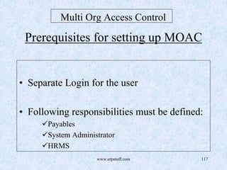 www.erpstuff.com 117
Multi Org Access Control
Prerequisites for setting up MOAC
• Separate Login for the user
• Following responsibilities must be defined:
Payables
System Administrator
HRMS
 