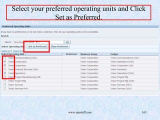 www.erpstuff.com 163
Select your preferred operating units and Click
Set as Preferred.
 