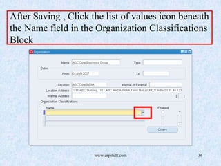 www.erpstuff.com 36
After Saving , Click the list of values icon beneath
the Name field in the Organization Classifications
Block
 