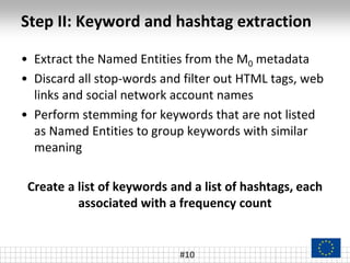 Step II: Keyword and hashtag extraction
• Extract the Named Entities from the M0 metadata
• Discard all stop-words and fil...