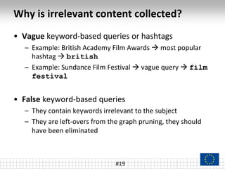 Why is irrelevant content collected?
#19
• Vague keyword-based queries or hashtags
– Example: British Academy Film Awards  most popular
hashtag  british
– Example: Sundance Film Festival  vague query  film
festival
• False keyword-based queries
– They contain keywords irrelevant to the subject
– They are left-overs from the graph pruning, they should
have been eliminated
 