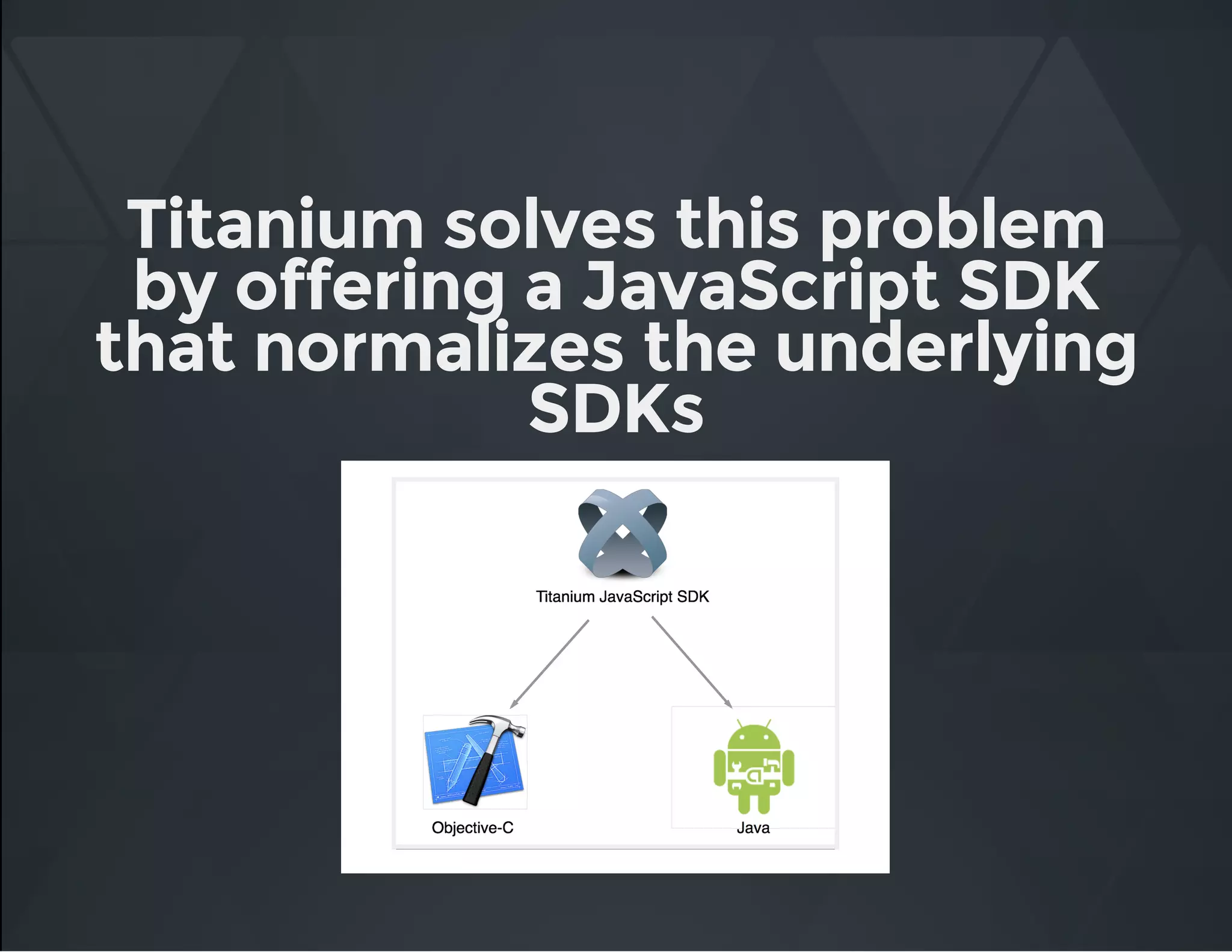 Titanium solves this problem
by offering a JavaScript SDK
that normalizes the underlying
SDKs
 