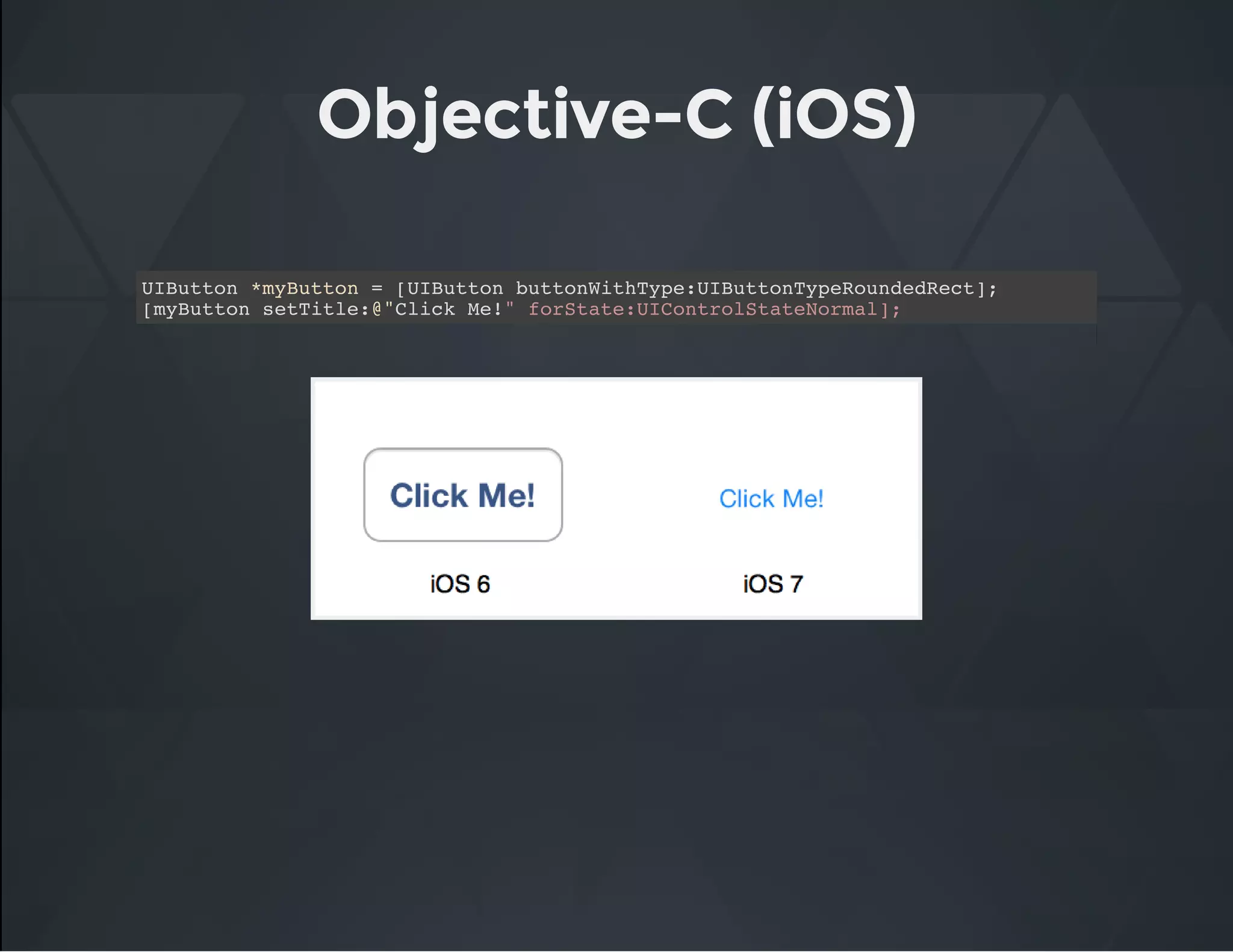 Objective-C (iOS)
UIButton *myButton = [UIButton buttonWithType:UIButtonTypeRoundedRect];
[myButton setTitle:@"Click Me!" forState:UIControlStateNormal];
 