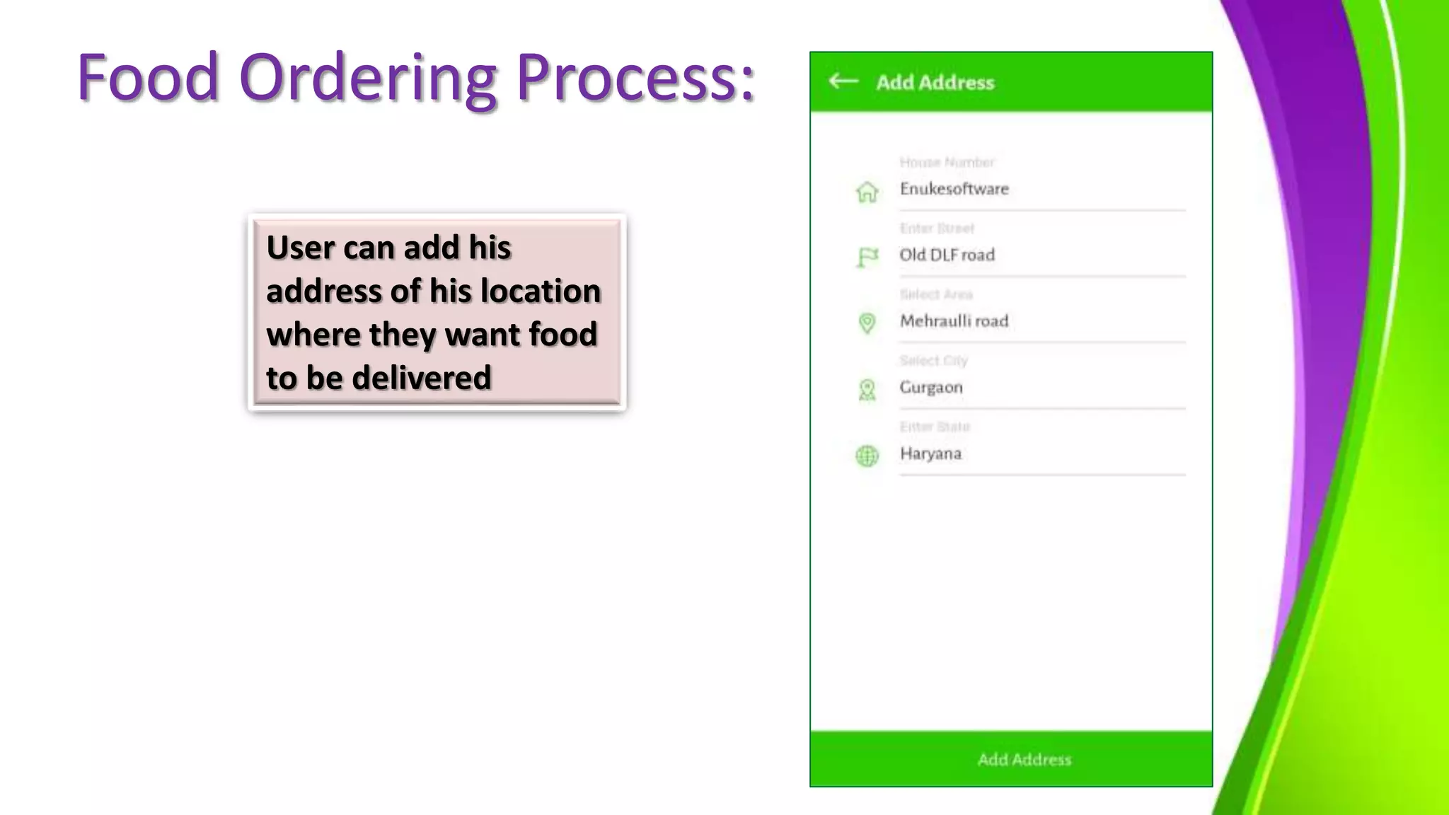 Food Ordering Process:
User can add his
address of his location
where they want food
to be delivered
 
