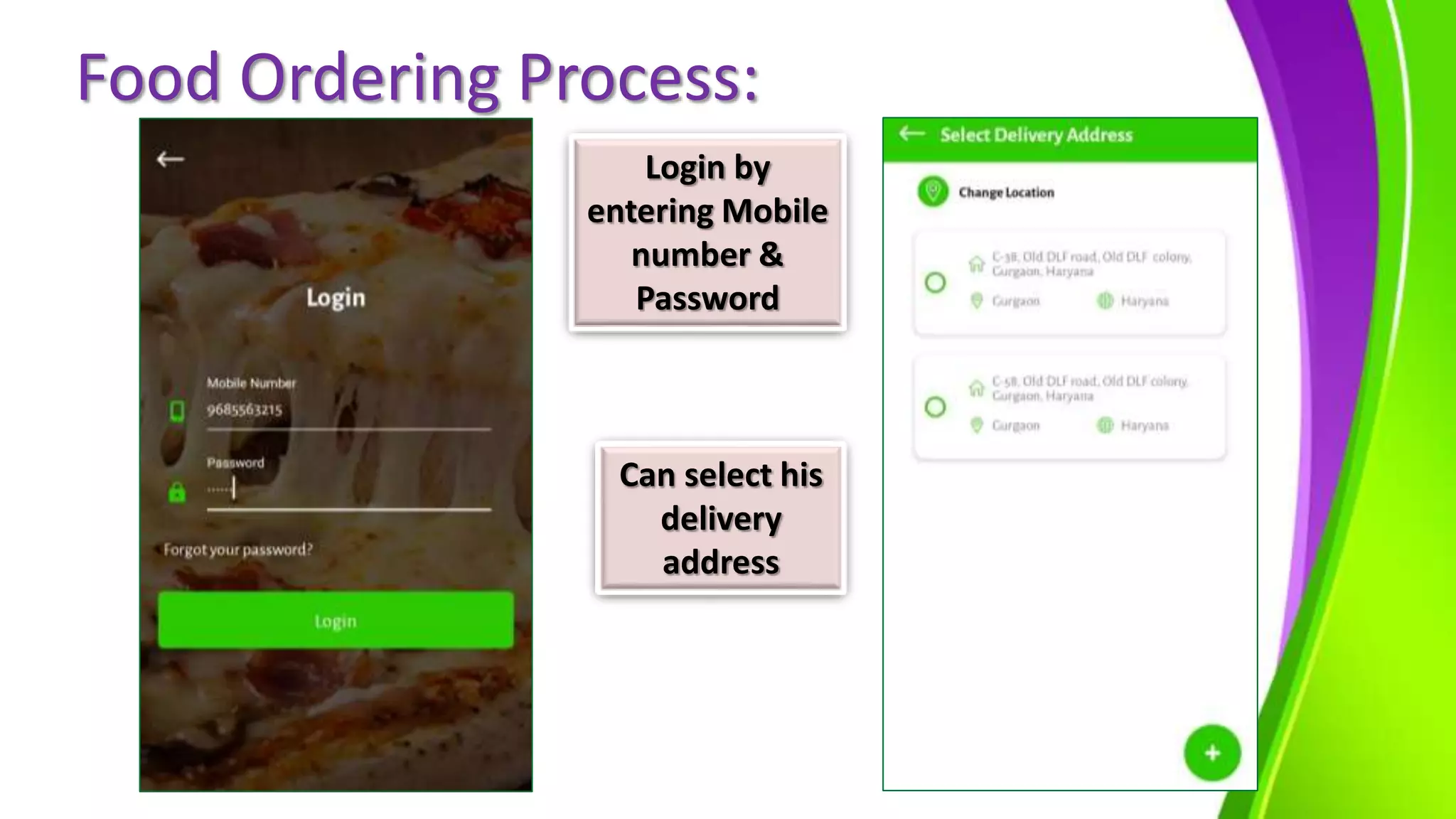 Food Ordering Process:
Login by
entering Mobile
number &
Password
Can select his
delivery
address
 