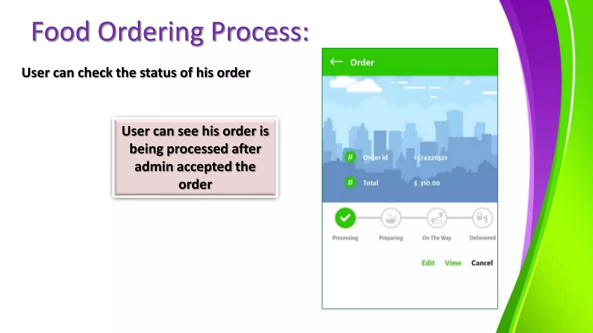 Food Ordering Process:
User can check the status of his order
User can see his order is
being processed after
admin accepted the
order
 