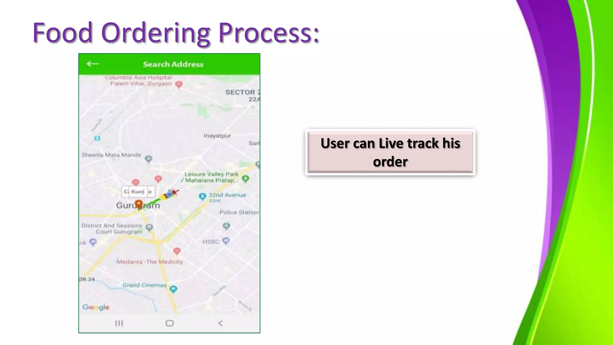 Food Ordering Process:
User can Live track his
order
 