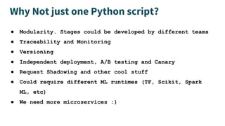 Why Not just one Python script?
● Modularity. Stages could be developed by different teams
● Traceability and Monitoring
● Versioning
● Independent deployment, A/B testing and Canary
● Request Shadowing and other cool stuff
● Could require different ML runtimes (TF, Scikit, Spark
ML, etc)
● We need more microservices :)
 