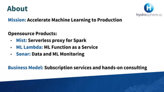 Mission: Accelerate Machine Learning to Production
Opensource Products:
- Mist: Serverless proxy for Spark
- ML Lambda: ML Function as a Service
- Sonar: Data and ML Monitoring
Business Model: Subscription services and hands-on consulting
About
 