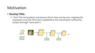 Motivation
• Develop CNNs
• “slice” the computation and process these slices one-by-one, stopping the
evaluation once the CPU time is depleted or the classification sufficiently
certain (through “early exits”)
classifier
…feature
 