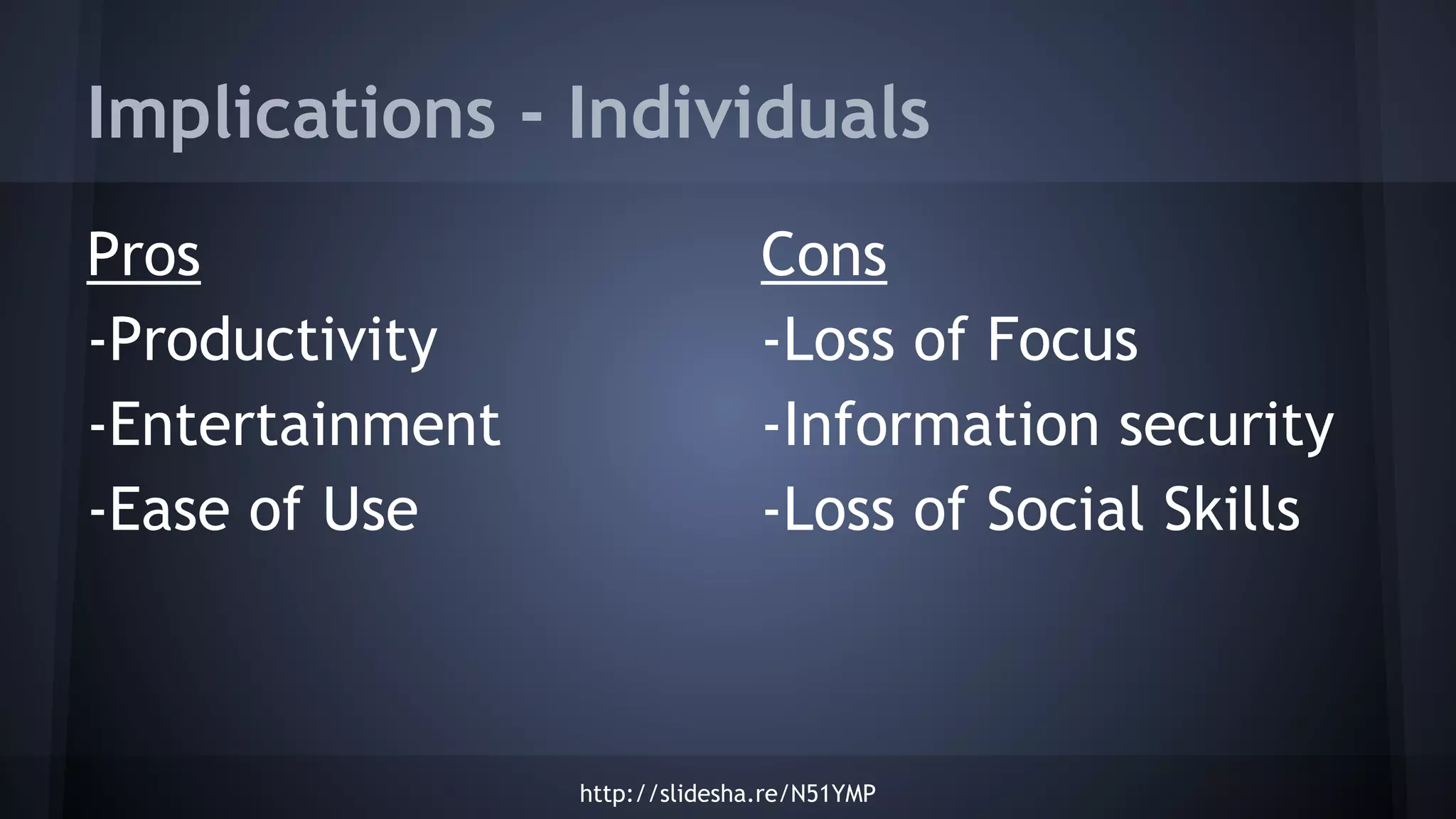Implications - Individuals
Pros
-Productivity
-Entertainment
-Ease of Use
Cons
-Loss of Focus
-Information security
-Loss of Social Skills
http://slidesha.re/N51YMP
 