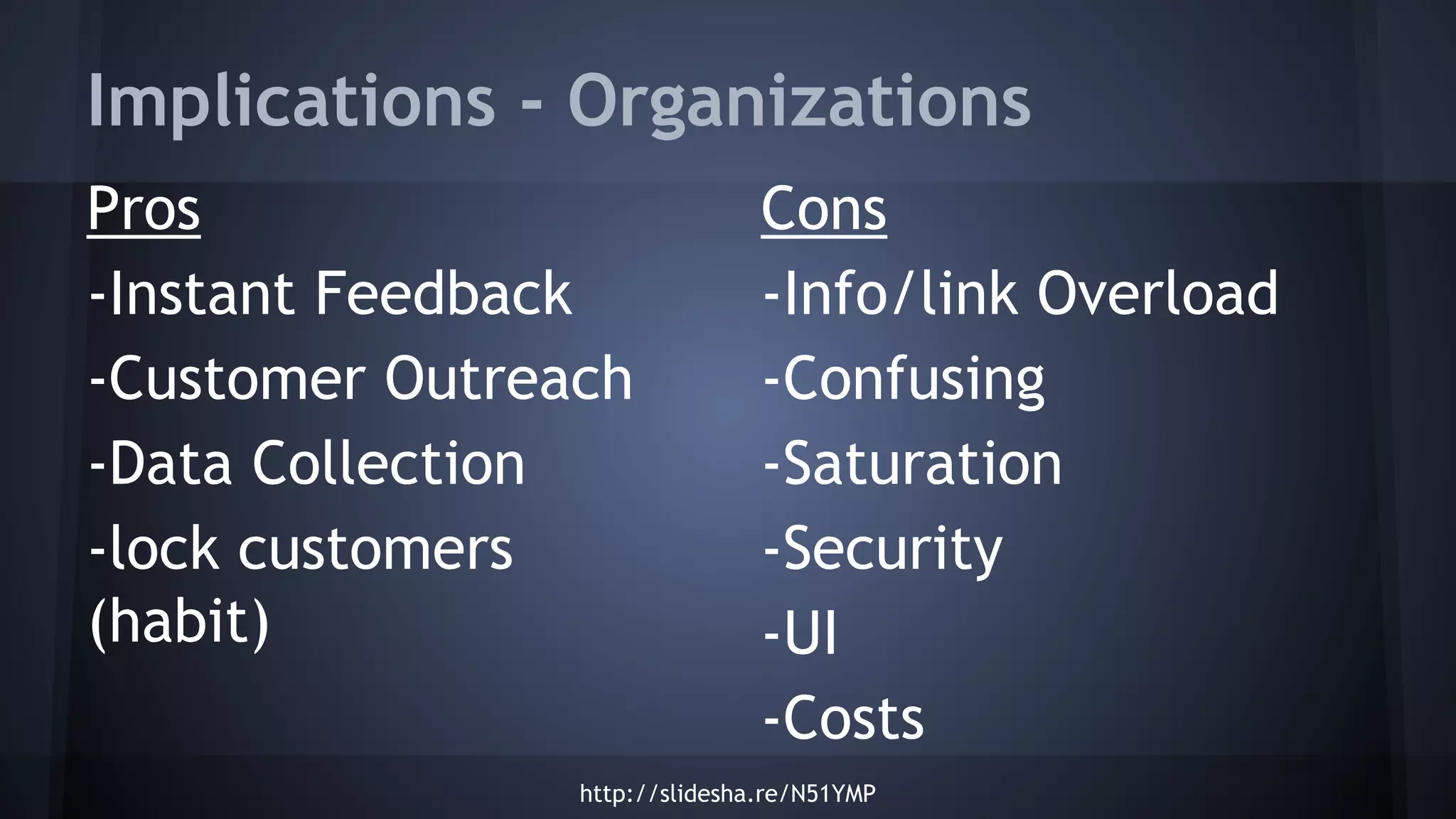 Implications - Organizations
Pros
-Instant Feedback
-Customer Outreach
-Data Collection
-lock customers
(habit)
Cons
-Info/link Overload
-Confusing
-Saturation
-Security
-UI
-Costs
http://slidesha.re/N51YMP
 