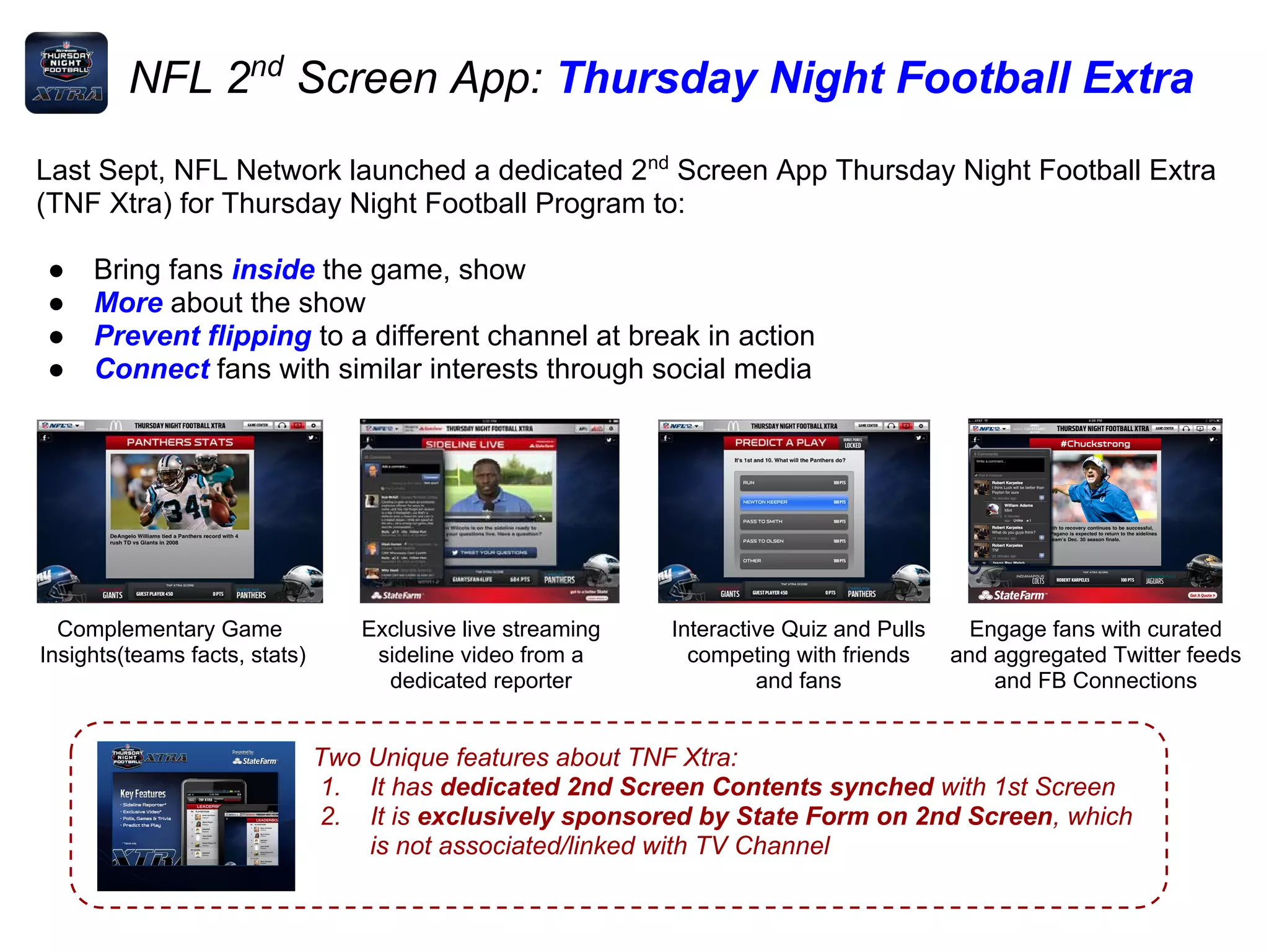 NFL 2nd
Screen App: Thursday Night Football Extra
Last Sept, NFL Network launched a dedicated 2nd
Screen App Thursday Night Football Extra
(TNF Xtra) for Thursday Night Football Program to:
● Bring fans inside the game, show
● More about the show
● Prevent flipping to a different channel at break in action
● Connect fans with similar interests through social media
Complementary Game
Insights(teams facts, stats)
Exclusive live streaming
sideline video from a
dedicated reporter
Interactive Quiz and Pulls
competing with friends
and fans
Engage fans with curated
and aggregated Twitter feeds
and FB Connections
Two Unique features about TNF Xtra:
1. It has dedicated 2nd Screen Contents synched with 1st Screen
2. It is exclusively sponsored by State Form on 2nd Screen, which
is not associated/linked with TV Channel
 