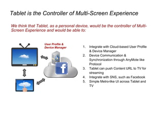 Tablet is the Controller of Multi-Screen Experience
We think that Tablet, as a personal device, would be the controller of Multi-
Screen Experience and would be able to:
User Profile &
Device Manager 1. Integrate with Cloud-based User Profile
& Device Manager
2. Device Communication &
Synchronization through AnyMote like
Protocol
3. Tablet can push Content URL to TV for
streaming
4. Integrate with SNS, such as Facebook
5. Simple Metro-like UI across Tablet and
TV
 