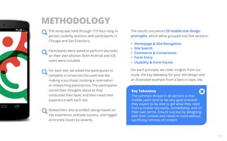 METHODOLOGY 
04 
The study was held through 119 hour-long in-person 
usability sessions with participants in 
Chicago and San Francisco. 
Participants were asked to perform key tasks 
on their own phones. Both Android and iOS 
users were included. 
For each site, we asked the participants to 
complete a conversion-focused task like 
making a purchase, booking a reservation 
or researching plans/prices. The participants 
voiced their thoughts aloud as they 
conducted their tasks and then rated their 
experience with each site. 
Researchers also provided ratings based on 
site experience and task success, and logged 
errors/site issues by severity. 
The results uncovered 25 mobile site design 
principles, which we’ve grouped into five sections: 
• Homepage & Site Navigation 
• Site Search 
• Commerce & Conversions 
• Form Entry 
• Usability & Form Factor 
For each principle, we cover insights from our 
study, the key takeaway for your site design and 
an illustrated example from a best-in-class site. 
Key Takeaway 
The common thread in all sections is that 
mobile users tend to be very goal-oriented - 
they expect to be able to get what they need 
from a mobile site easily, immediately, and on 
their own terms. Ensure success by designing 
with their context and needs in mind without 
sacrificing richness of content. 
 