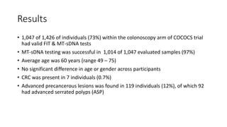 Results
• 1,047 of 1,426 of individuals (73%) within the colonoscopy arm of COCOCS trial
had valid FIT & MT-sDNA tests
• MT-sDNA testing was successful in 1,014 of 1,047 evaluated samples (97%)
• Average age was 60 years (range 49 – 75)
• No significant difference in age or gender across participants
• CRC was present in 7 individuals (0.7%)
• Advanced precancerous lesions was found in 119 individuals (12%), of which 92
had advanced serrated polyps (ASP)
 