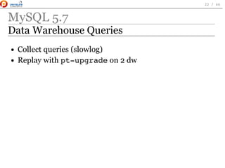 MySQL 5.7
Data Warehouse Queries
Collect queries (slowlog)
Replay with pt-upgradeon 2 dw
 
22 / 46
 