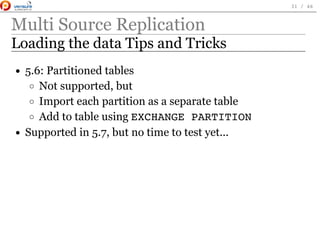 Multi Source Replication
Loading the data Tips and Tricks
5.6: Partitioned tables
Not supported, but
Import each partition as a separate table
Add to table using EXCHANGE PARTITION
Supported in 5.7, but no time to test yet...
 
31 / 46
 