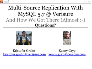 Kristofer Grahn
kristofer.grahn@verisure.com
Kenny Gryp
kenny.gryp@percona.com
Multi-Source Replication With
MySQL 5.7 @ Verisure
And How We Got There (Almost :-)
Questions?
 
46 / 46
 