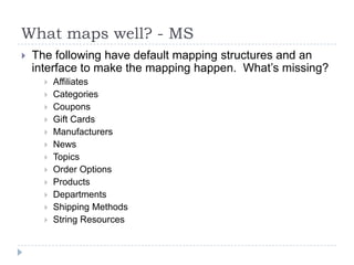 What maps well? - MSThe following have default mapping structures and an interface to make the mapping happen.  What’s missing?AffiliatesCategoriesCouponsGift CardsManufacturersNewsTopicsOrder OptionsProductsDepartmentsShipping MethodsString Resources