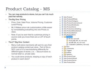 Product Catalog - MSYou can map products to stores, but you can’t do much past that natively.The Big One: PricingPrice, Cost, Sale Price, Volume Pricing, Customer Level PricingML 9 Makes price rule customization a little easier by consolidating everything into one Prices.cs class.Note: If you’ve ever tried to customize pricing in source code you know there are a LOT of touch points.The 2nd Big One: ContentMany multi-store merchants will want to vary their product catalog content per store.  Part of this is SEO, part of it is merchandising differently for different types of stores. (i.e. – discount store vs. normal retail vs. private sale)You could clone products, keeping a copy of each product in each store?