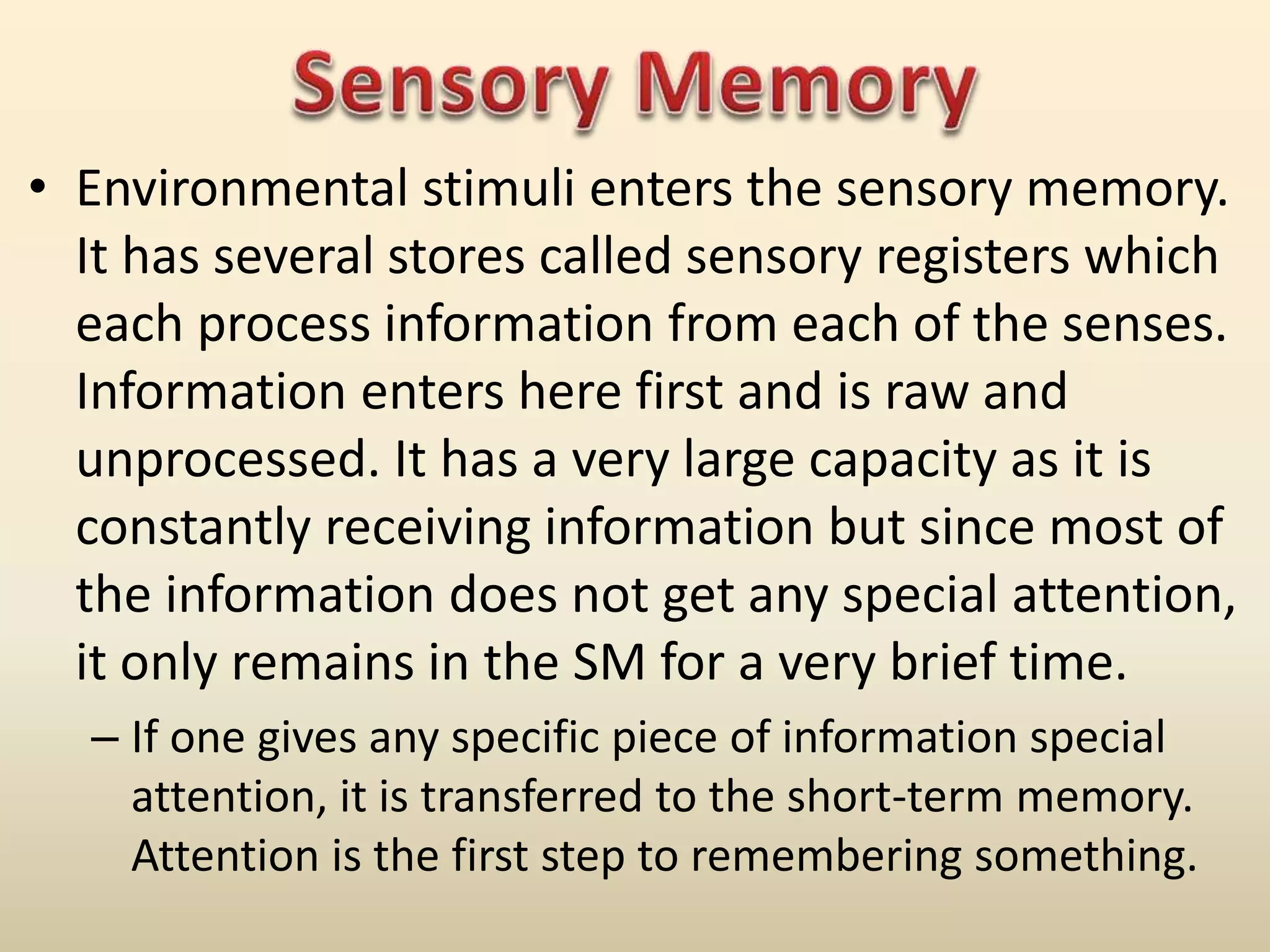 • Environmental stimuli enters the sensory memory.
It has several stores called sensory registers which
each process information from each of the senses.
Information enters here first and is raw and
unprocessed. It has a very large capacity as it is
constantly receiving information but since most of
the information does not get any special attention,
it only remains in the SM for a very brief time.
– If one gives any specific piece of information special
attention, it is transferred to the short-term memory.
Attention is the first step to remembering something.
 