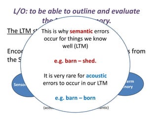 L/O: to be able to outline and evaluate
           the MSM of memory.
The LTM store inisthe model errors
           This why semantic
               occur for things we know
                      well (LTM)
Encoding is present when information goes from
the STM to LTM too.barn – shed.
                e.g.

                It is very rare for acoustic
                           Short-term               Long-term
               errors to occur in our LTM
  Sensory memory            memory                   memory

                      e.g.
               ENCODING:     barn – born
                                       ENCODING:
               Sound                   Meaning
               (acoustic)              (semantic)
 