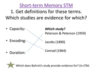 Short-term Memory STM
 1. Get definitions for these terms.
Which studies are evidence for which?

• Capacity:                Which study?
                           Peterson & Peterson (1959)

• Encoding:                Jacobs (1890)

                           Conrad (1964)
• Duration:


     Which does Bahrick’s study provide evidence for? (in LTM)
 