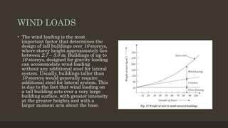 WIND LOADS
• The wind loading is the most
important factor that determines the
design of tall buildings over 10 storeys,
where storey height approximately lies
between 2.7 – 3.0 m. Buildings of up to
10 storeys, designed for gravity loading
can accommodate wind loading
without any additional steel for lateral
system. Usually, buildings taller than
10 storeys would generally require
additional steel for lateral system. This
is due to the fact that wind loading on
a tall building acts over a very large
building surface, with greater intensity
at the greater heights and with a
larger moment arm about the base.
 