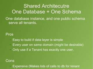 Shared Architecutre 
One Database + One Schema 
One database instance, and one public schema 
serve all tenants. 
Pros 
- Easy to build if data layer is simple 
- Every user on same domain (might be desirable) 
- Only use if a Tenant has exactly one user. 
Cons 
- Expensive (Makes lots of calls to db for tenant 
object) 
 