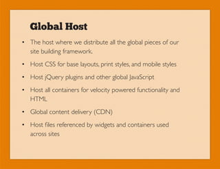 Global Host
• The host where we distribute all the global pieces of our
  site building framework.
• Host CSS for base layouts, print styles, and mobile styles
• Host jQuery plugins and other global JavaScript
• Host all containers for velocity powered functionality and
  HTML
• Global content delivery (CDN)
• Host files referenced by widgets and containers used
  across sites
 