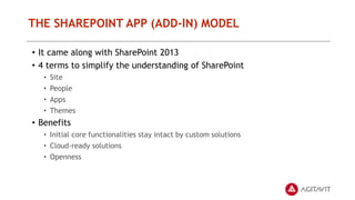 THE SHAREPOINT APP (ADD-IN) MODEL
• It came along with SharePoint 2013
• 4 terms to simplify the understanding of SharePoint
• Site
• People
• Apps
• Themes
• Benefits
• Initial core functionalities stay intact by custom solutions
• Cloud-ready solutions
• Openness
 