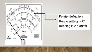 Pointer deflection
Range setting is X1
Reading is 2.5 ohms
 