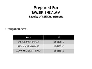 Prepared For
TAWSIF IBNE ALAM
Faculty of EEE Department
Group members :-
Name ID
KABIR, SHARIF RAIHAN 12-21365-2
HASAN, ASIF MAHMUD 12-21535-2
ALAM, MIM SHAH NEWAJ 12-21951-2
 