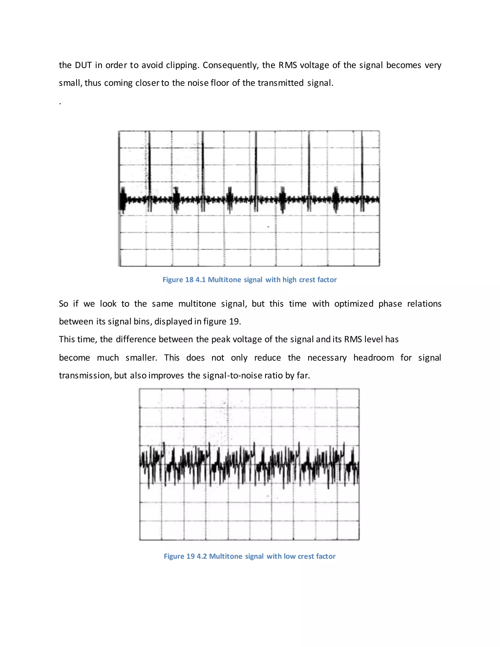 the DUT in order to avoid clipping. Consequently, the RMS voltage of the signal becomes very
small, thus coming closer to the noise floor of the transmitted signal.
.
Figure 18 4.1 Multitone signal with high crest factor
So if we look to the same multitone signal, but this time with optimized phase relations
between its signal bins, displayed in figure 19.
This time, the difference between the peak voltage of the signal and its RMS level has
become much smaller. This does not only reduce the necessary headroom for signal
transmission, but also improves the signal-to-noise ratio by far.
Figure 19 4.2 Multitone signal with low crest factor
 