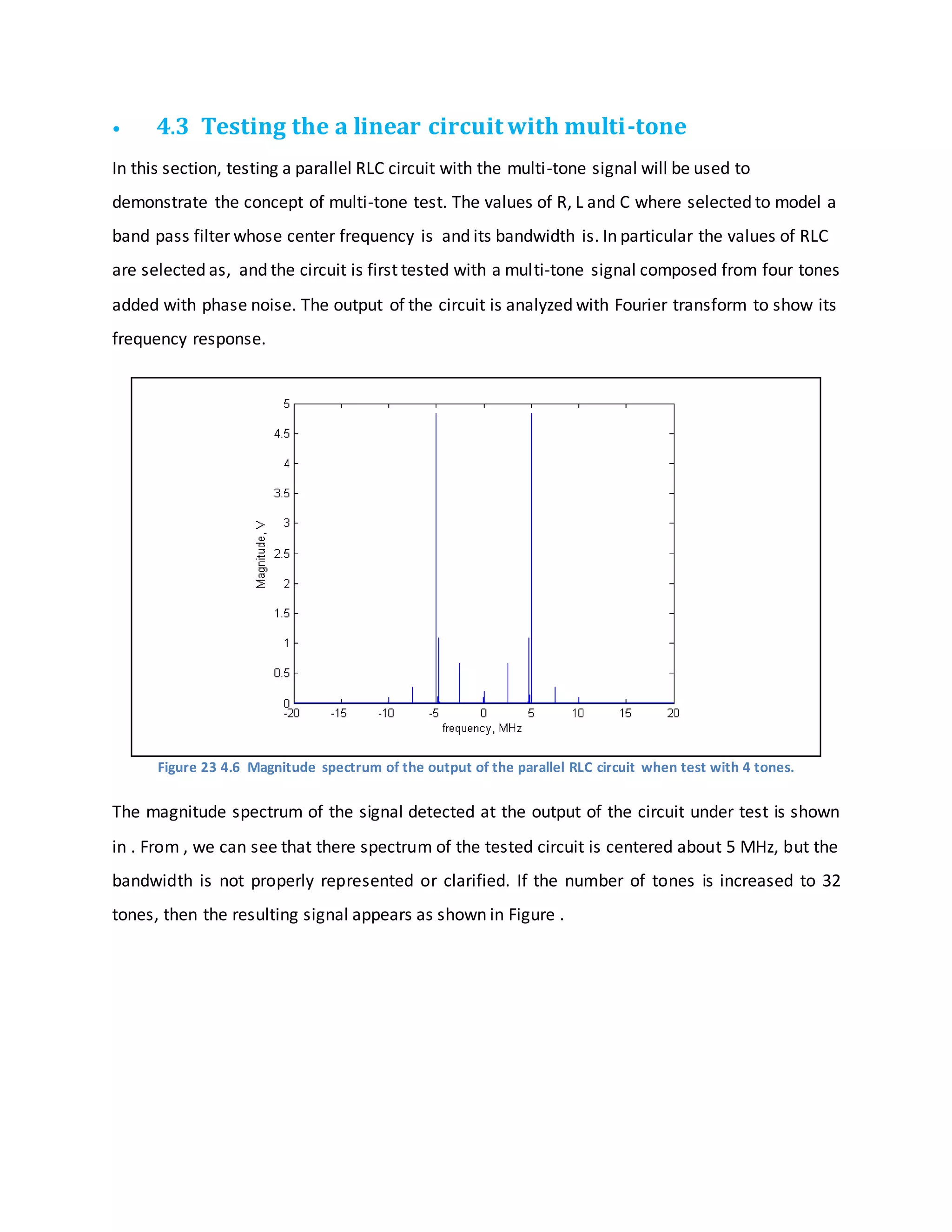 • 4.3 Testing the a linear circuit with multi-tone
In this section, testing a parallel RLC circuit with the multi-tone signal will be used to
demonstrate the concept of multi-tone test. The values of R, L and C where selected to model a
band pass filter whose center frequency is and its bandwidth is. In particular the values of RLC
are selected as, and the circuit is first tested with a multi-tone signal composed from four tones
added with phase noise. The output of the circuit is analyzed with Fourier transform to show its
frequency response.
Figure 23 4.6 Magnitude spectrum of the output of the parallel RLC circuit when test with 4 tones.
The magnitude spectrum of the signal detected at the output of the circuit under test is shown
in . From , we can see that there spectrum of the tested circuit is centered about 5 MHz, but the
bandwidth is not properly represented or clarified. If the number of tones is increased to 32
tones, then the resulting signal appears as shown in Figure .
 