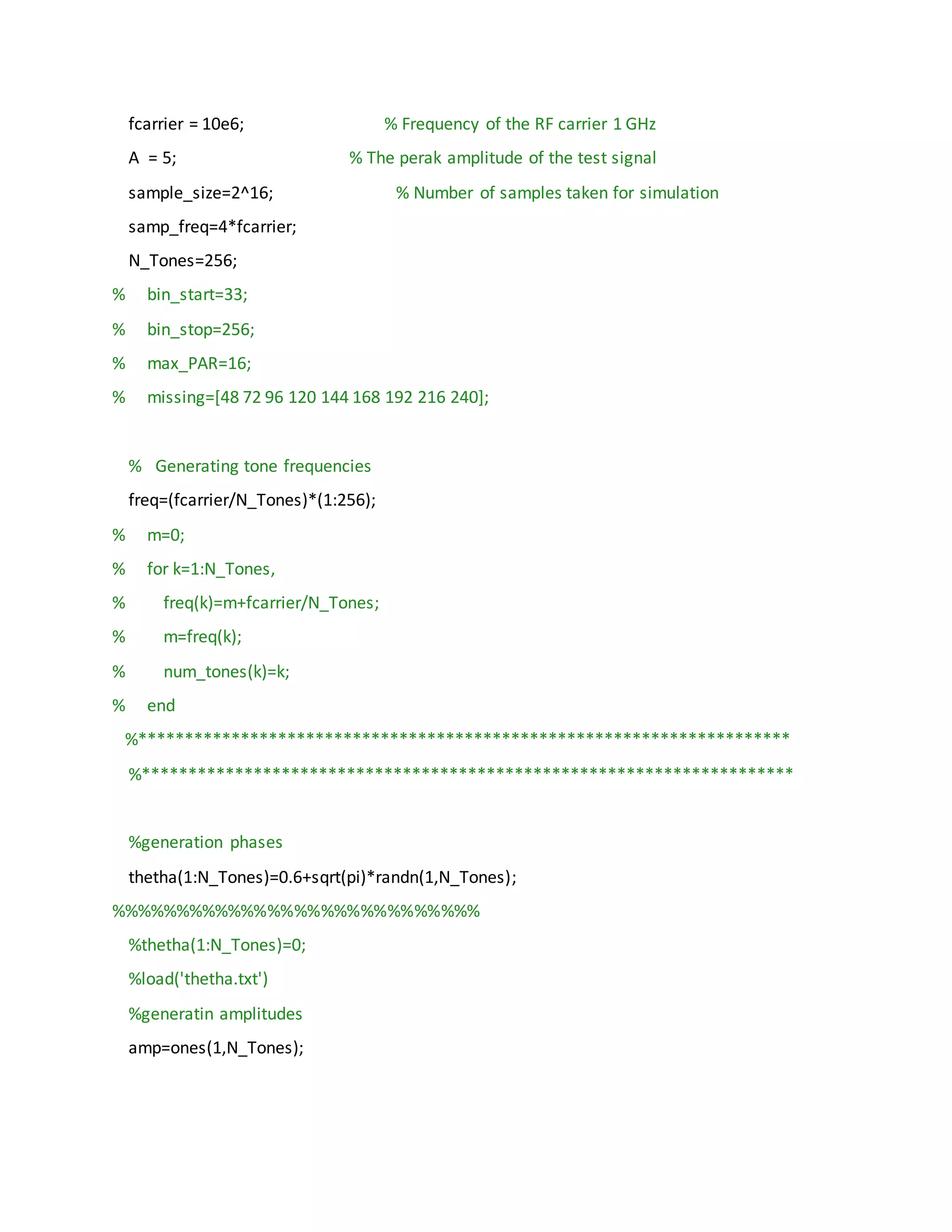 fcarrier = 10e6; % Frequency of the RF carrier 1 GHz
A = 5; % The perak amplitude of the test signal
sample_size=2^16; % Number of samples taken for simulation
samp_freq=4*fcarrier;
N_Tones=256;
% bin_start=33;
% bin_stop=256;
% max_PAR=16;
% missing=[48 72 96 120 144 168 192 216 240];
% Generating tone frequencies
freq=(fcarrier/N_Tones)*(1:256);
% m=0;
% for k=1:N_Tones,
% freq(k)=m+fcarrier/N_Tones;
% m=freq(k);
% num_tones(k)=k;
% end
%**********************************************************************
%**********************************************************************
%generation phases
thetha(1:N_Tones)=0.6+sqrt(pi)*randn(1,N_Tones);
%%%%%%%%%%%%%%%%%%%%%%%%%%%%
%thetha(1:N_Tones)=0;
%load('thetha.txt')
%generatin amplitudes
amp=ones(1,N_Tones);
 