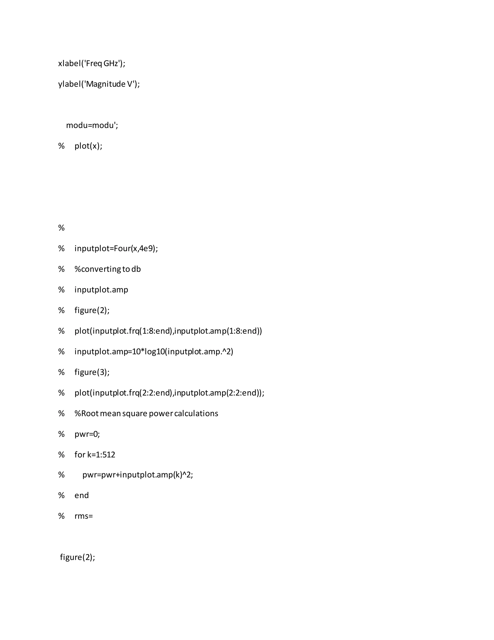 xlabel('FreqGHz');
ylabel('Magnitude V');
modu=modu';
% plot(x);
%
% inputplot=Four(x,4e9);
% %convertingtodb
% inputplot.amp
% figure(2);
% plot(inputplot.frq(1:8:end),inputplot.amp(1:8:end))
% inputplot.amp=10*log10(inputplot.amp.^2)
% figure(3);
% plot(inputplot.frq(2:2:end),inputplot.amp(2:2:end));
% %Rootmeansquare powercalculations
% pwr=0;
% for k=1:512
% pwr=pwr+inputplot.amp(k)^2;
% end
% rms=
figure(2);
 