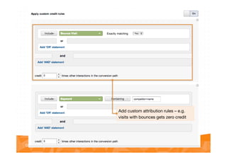 @vinoaj
@vinoaj #GAUC2013!Google Analytics User Conference 2013!
Add custom attribution rules – e.g.
visits with bounces gets zero credit
 