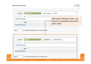 @vinoaj
@vinoaj #GAUC2013!Google Analytics User Conference 2013!
Add custom attribution rules – e.g.
visits from competitor brand terms
get 5x credit
 